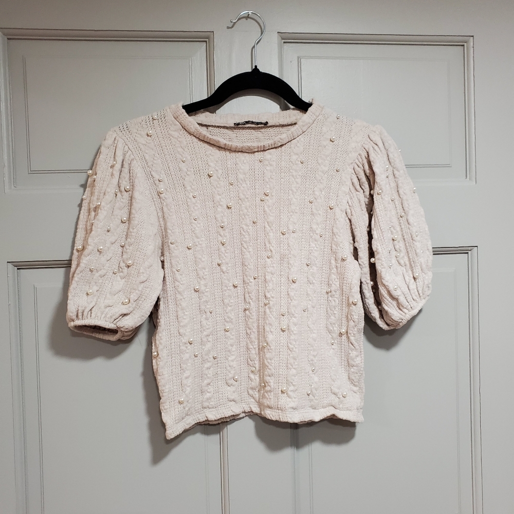 Zara women Top M Puff‎ Sleeves Knit Sweater Cream Textured Pearls Medium Preppy